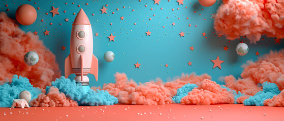Poster - pink rocket ship launching through colorful clouds and stars