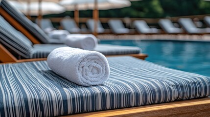 Sticker - Rolled towels rest on striped lounge chairs beside a sparkling pool surrounded by umbrellas and distant chairs under clear blue skies