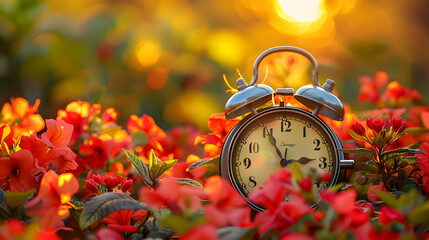 Canvas Print - Vintage Alarm Clock in a Flower Garden Photography