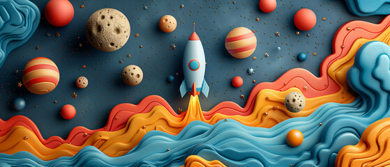 Wall Mural - 3d rocket launching into space with planets and stars