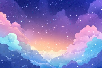 a vibrant digital illustration of colorful clouds with twinkling stars in a twilight sky