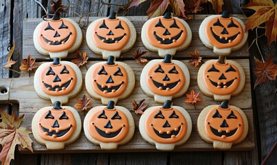 Festive Halloween pumpkin cookies with fall leaves on rustic wooden background