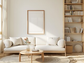 A neat and well-lit modern living room with a white sofa, a large picture frame on the wall, and a wooden coffee table, showcasing simplicity and elegance.