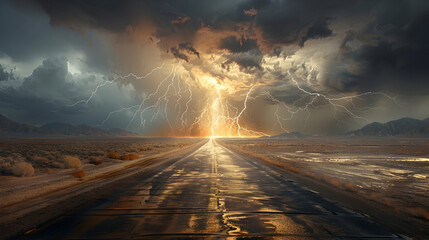 Sticker - Lightning Storm Over Desert Road - Digital Illustration