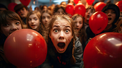 Sticker - Scared Girl with Red Balloons Photo