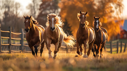 Canvas Print - Four Horses Running in a Field at Sunset Photo