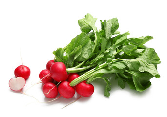 Wall Mural - Bunch of ripe radish with green leaves isolated on white background