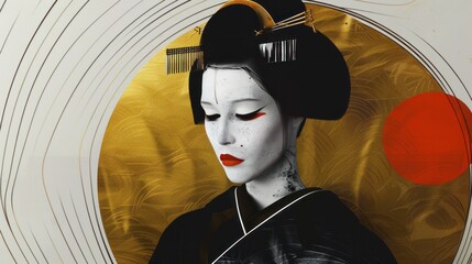 Wall Mural - The image is a minimalist illustration of a Geisha, reinterpreted with clean lines and simple forms, capturing the elegance and cultural essence in a modern artistic style.