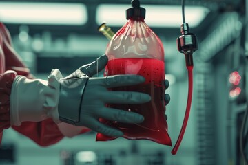 Wall Mural - A close-up shot of a gloved hand holding a red liquid-filled bag