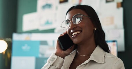 Wall Mural - Happy, girl and phone call for conversation in home office for business proposal, networking and communication for schedule. Smartphone, woman and discussion for work update, client relation and task