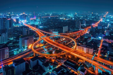 Wall Mural - Aerial view of a city at night with bright lights and dark shadows