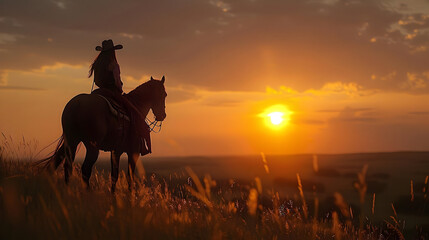 Canvas Print - Silhouette of a Cowgirl on Horseback at Sunset