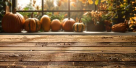 Wall Mural - clean wooden tabletop with Thanksgiving background