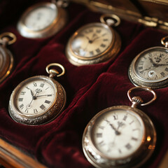 Wall Mural - Close-up of a collection of antique pocket watches displayed on velvet cushions