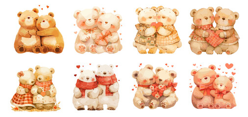 Wall Mural - watercolor love bear couples set. valentine day romantic gift card with cute animal characters, tedd