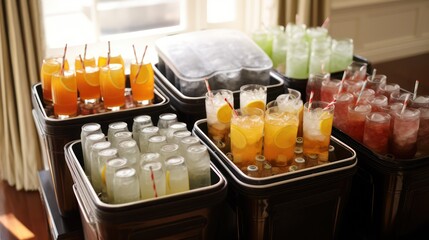 Illustration of cocktails in several glasses, with lime slices and ice in them