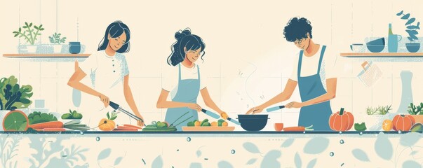 Family cooking together in a bright kitchen with fresh vegetables and herbs