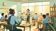© seelya - Illustration of a Teacher Engaging with Students in a Bright Classroom