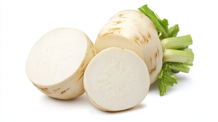 A sliced turnip with a cross-section view, highlighting its crunchy texture and fresh appearance. Perfectly isolated on a white background