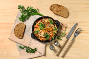 Wall Mural - Composition with delicious pasta, spices and bread on wooden background