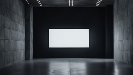 blank white glowing digital screen in dark hall interior