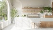 © Halina Berah - The interior of a small modern Korean style design cafe features a glossy ivory white round corner counter, cake displays, professional espresso machines, bar tables, and stools by the windows.