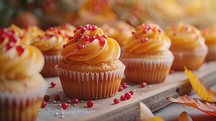 Wall Mural - Delicious orange cupcakes with red sprinkles on a wooden table