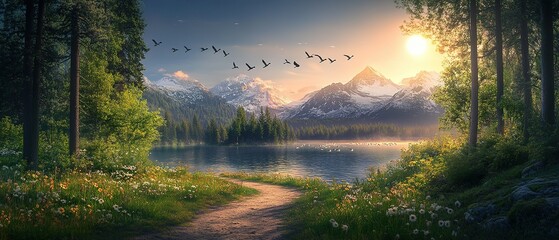 Wall Mural - Tranquil Mountain Lake with Sunlit Path and Birds in Flight