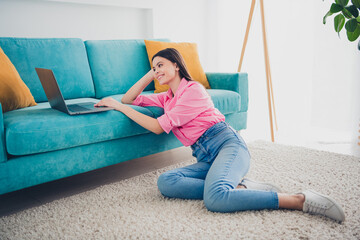 Sticker - Photo of adorable sweet lady wear pink shirt staying home texting modern device indoors room home house