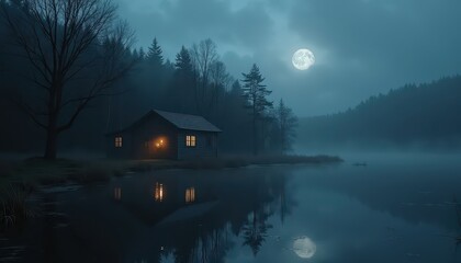 Wall Mural - Cabin in the Woods Under a Full Moon.