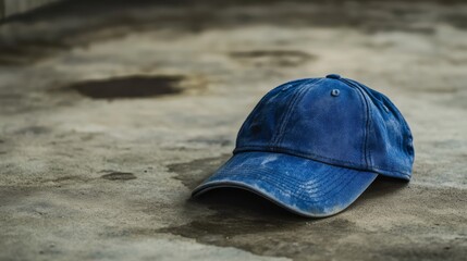 Blue Snapback Baseball Cap on Concrete, taken from a distance. This image shows the bright colors of the cap on the rough concrete surface, creating a striking and interesting contrast.