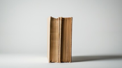 Wall Mural - Two old books with yellowed pages stand upright on a white background, casting a subtle shadow