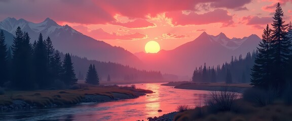 Wall Mural - Sunset Over Mountains and River.