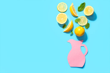 Sticker - Sliced lemon, paper jug and green leaves on blue background