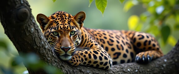 Wall Mural - Leopard Resting on Tree Branch.