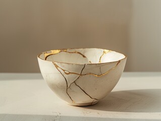 Wall Mural - Kintsugi, kintsukuroi repaired ceramic bowl, golden crack lines, Japanese art, wabi-sabi beauty, natural light, minimalistic concept