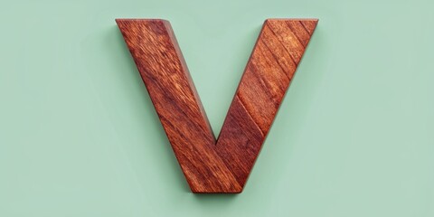 Wall Mural - Rough-edged wooden uppercase letter V with dark red brown wood grain texture and jagged font style isolated on a soft pastel background with clipping path.