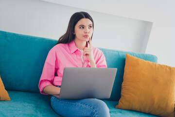 Poster - Photo of thoughtful sweet lady wear pink shirt staying home texting modern device indoors room home house