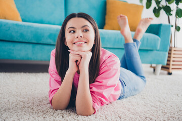 Wall Mural - Photo of adorable cute lady wear pink shirt smiling staying home indoors room home house