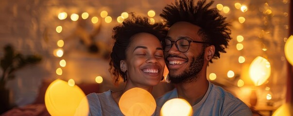 Couple decorating their new apartment with lights, selective focus on ambiance and smiles, cozy home theme, surreal, overlay, bedroom backdrop