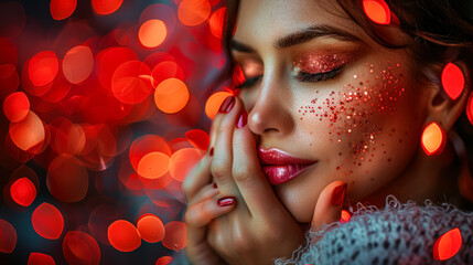 Wall Mural - A woman with red face paint and red lips