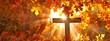 © Vanessa - Sun shining through a cross on a background of golden autumn leaves in fall, symbolizing faith and hope. powerful message of belief and optimism.Cross, Faith, Hope, Conviction