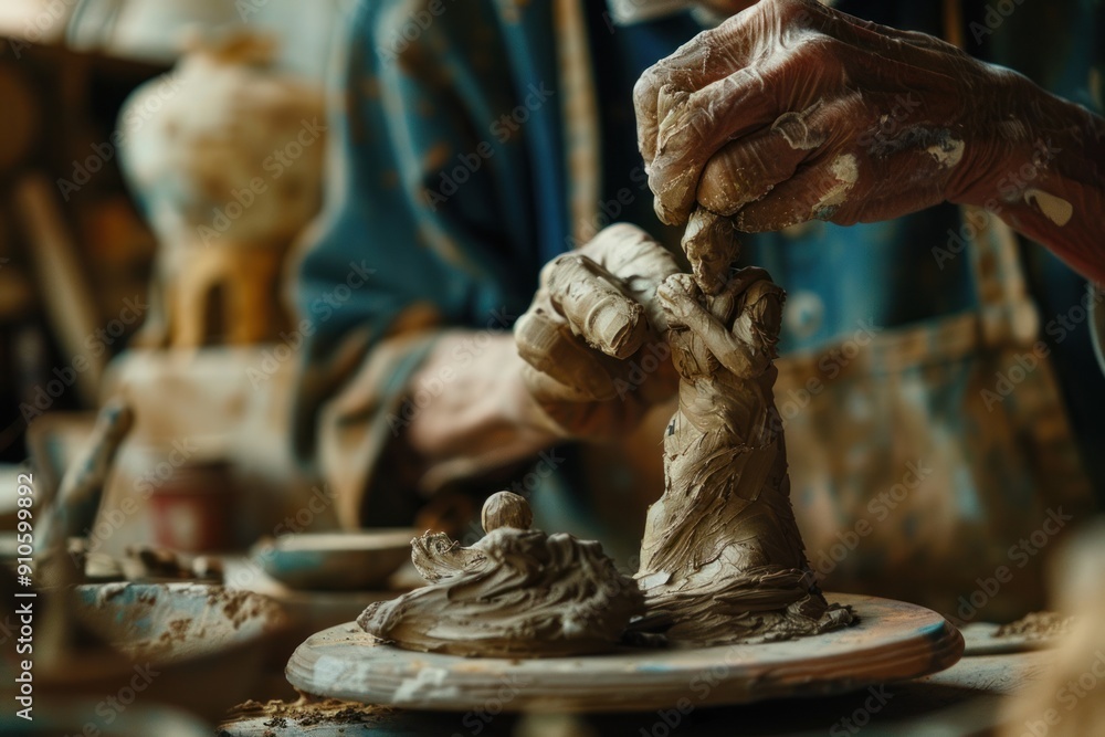 Intimate craft of potter hands molding clay, tactile process of shaping ...