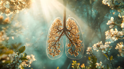 Transparent 3D of Human Lungs Anatomy Floating in Natural Floral Background  Medical Scientific Conceptual Digital Artwork for Education Research or Health Poster Design