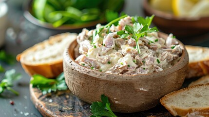 Wall Mural - A bowl of food with bread on the side. The bowl is filled with a creamy white sauce and has a garnish of parsley