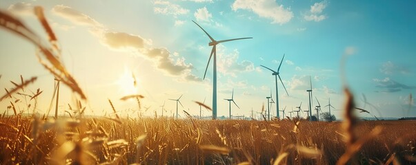 Clean power technology, modern wind turbines, selective focus, sustainable energy, dynamic, Blend mode, open fields, copy space for text