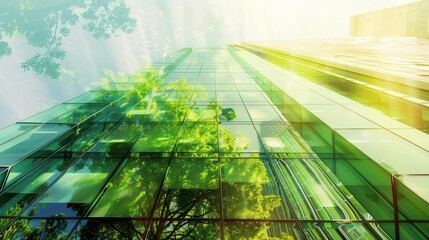 Wall Mural - Green building design, energyefficient windows, focus on, sustainable architecture, vibrant, Double exposure, urban skyscraper, copy space for text