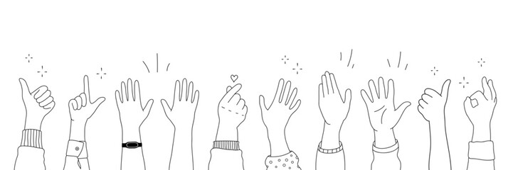 Wall Mural - Applause hands set in doodle style. Human hands sketch, scribble arms raised in various gestures, including clapping, thumbs-up, and heart-finger symbols, on a white background, vector illustration