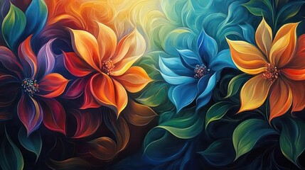 Poster - A painting of three flowers in a row, with one being blue
