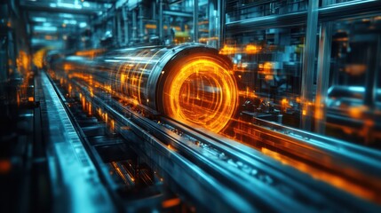 Fototapete - A train is shown in a factory with a bright orange tube in the middle